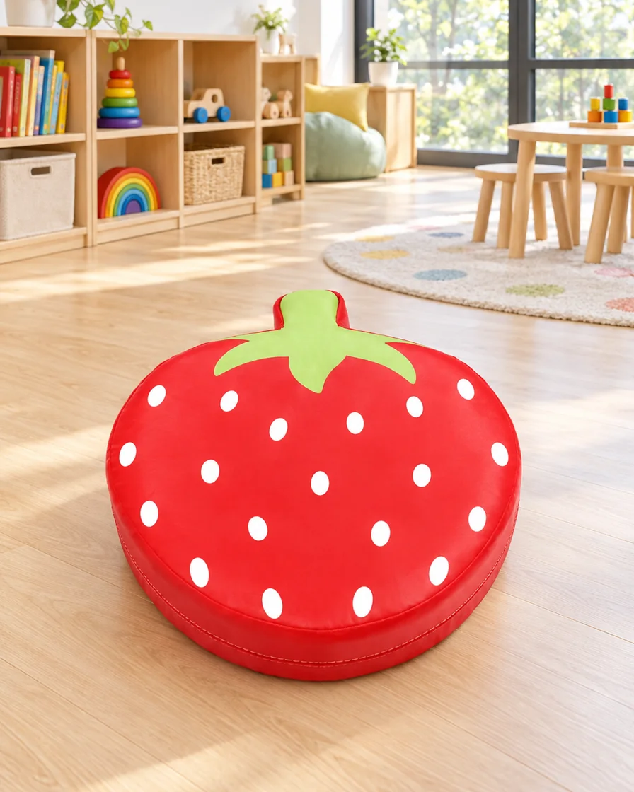 PlayCurator Strawberry Soft Play Floor Cushion 1 Strawberry Soft Play Floor Cushion in a kindergarten playroom indoor playground