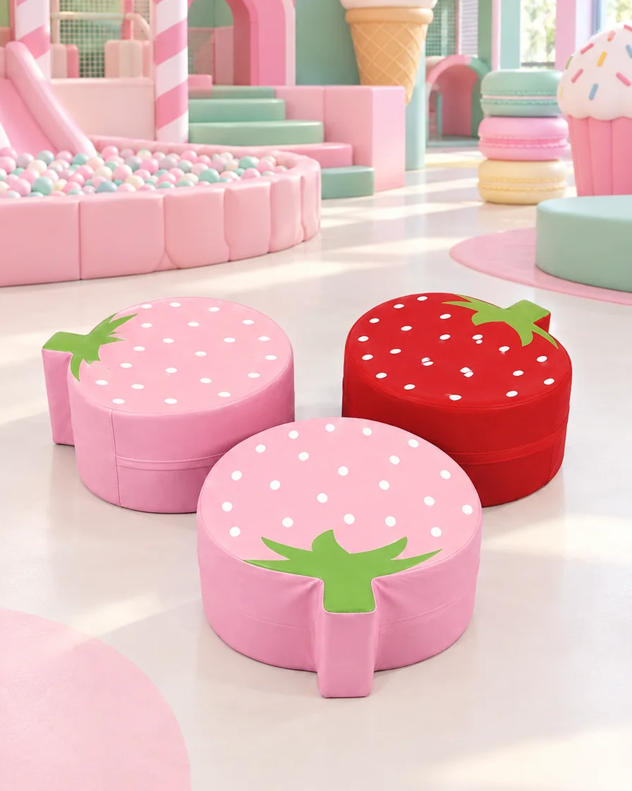 Pink & Red strawberry Soft Play Round Stool in a candy theme indoor playground
