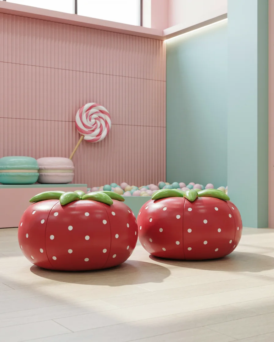 PlayCurator Strawberry Soft Play Seat 1 Strawberry Soft Play Seat in a candy theme indoor playground