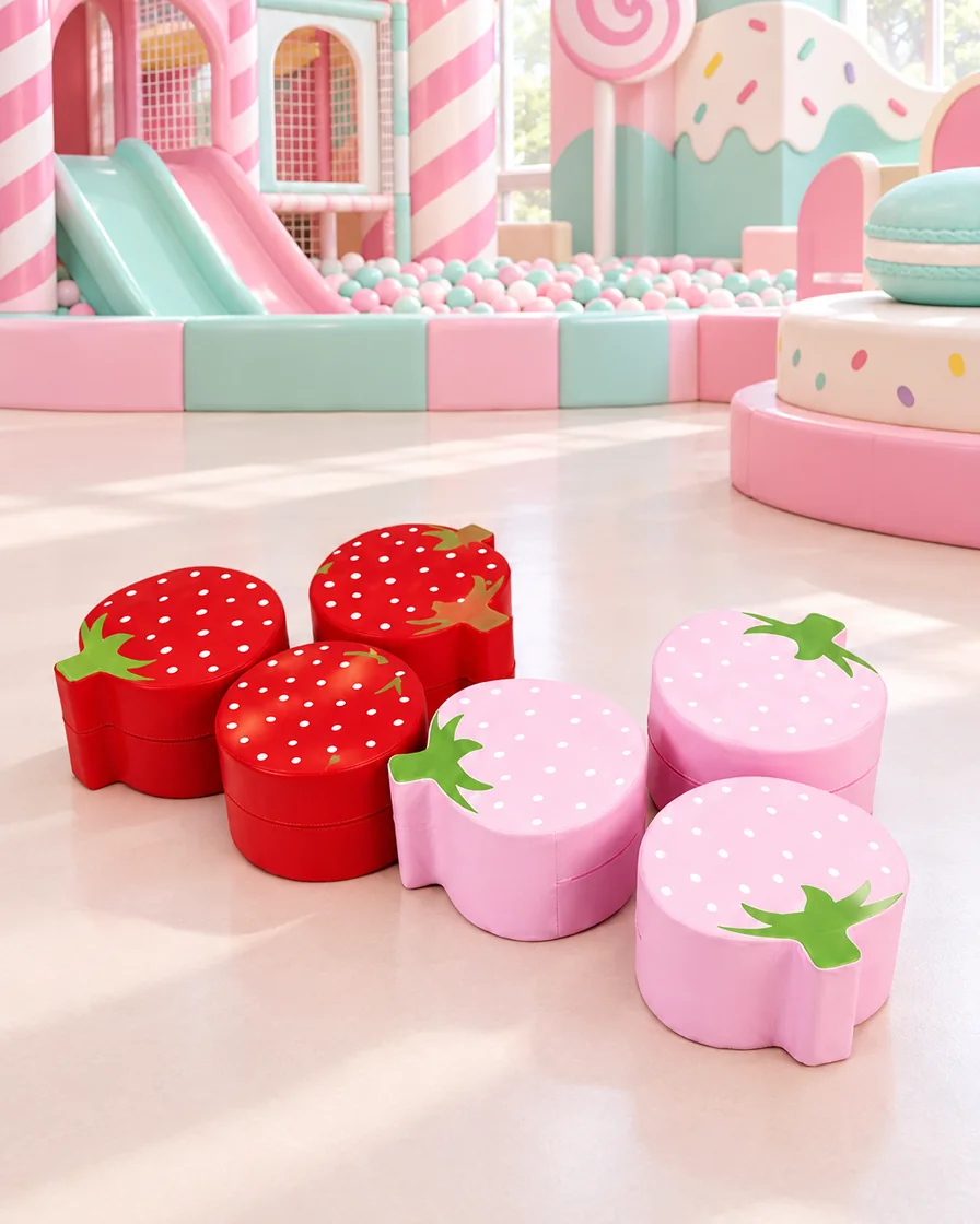 Red & Pink strawberry Soft Play Stool in a candy theme indoor playground