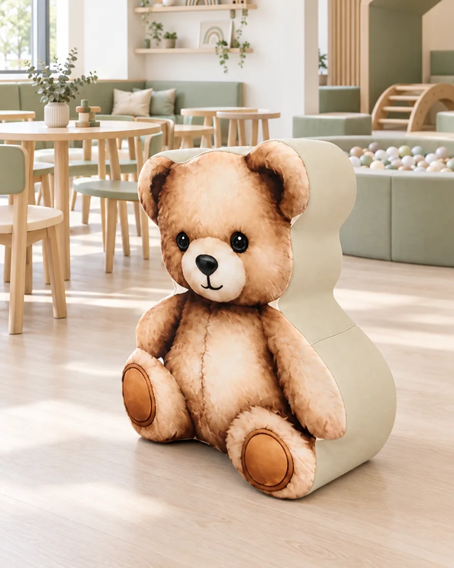 Brown teddy Bear Soft Play Seat in a Scandinavian soft play cafe indoor playground