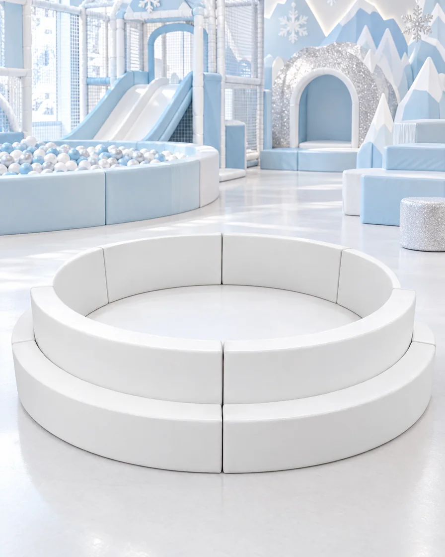 White tiered Round Soft Play Ball Pit in a ice and snow theme indoor playground