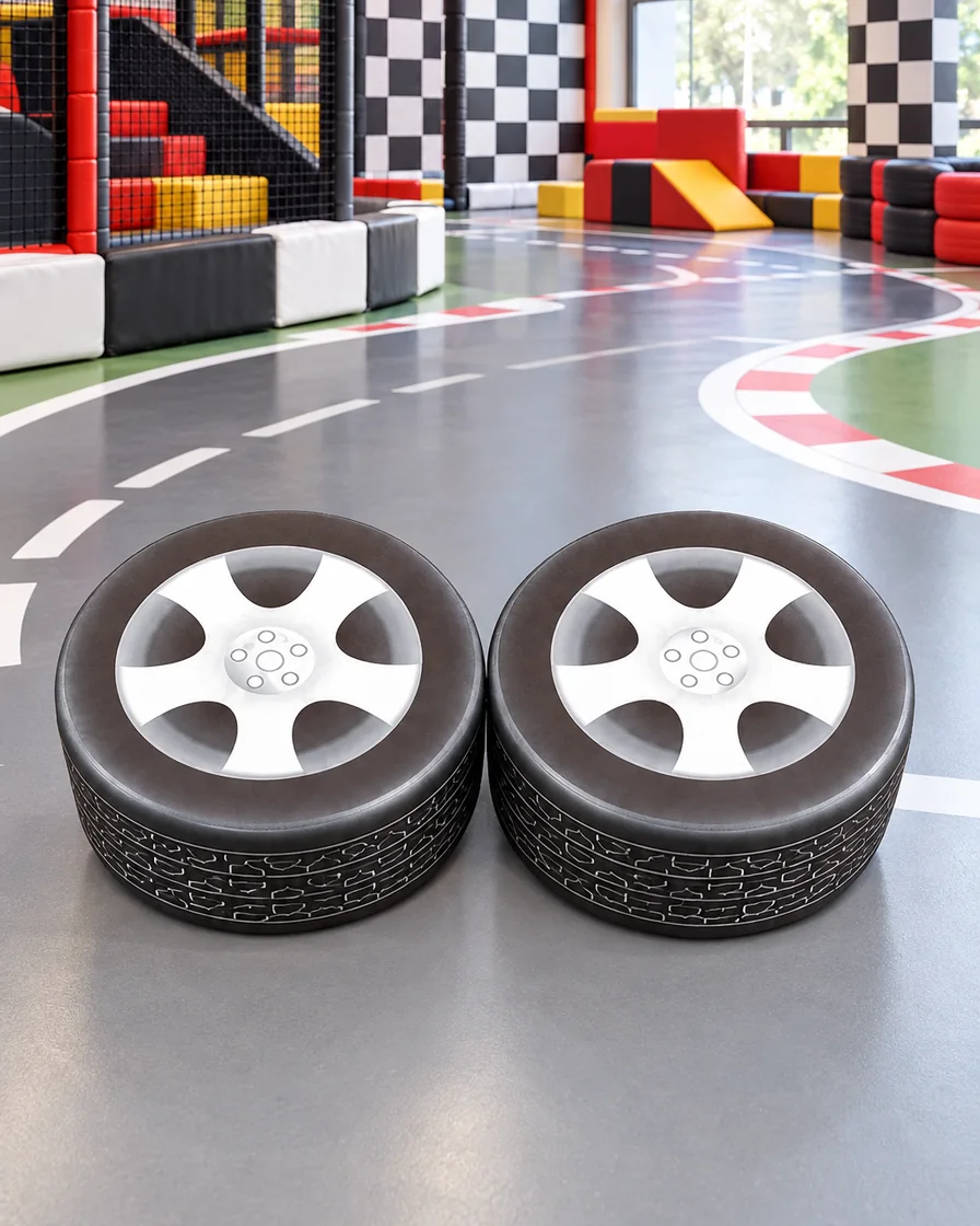PlayCurator Tire Soft Play Stool 1 Tire Soft Play Stool in a racing theme zone indoor playground