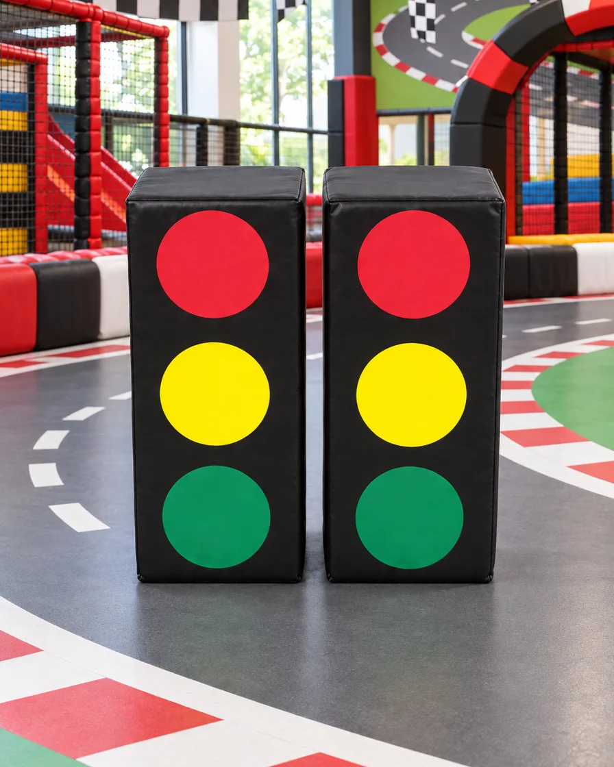 Black traffic Light Soft Play Block in a racing theme zone indoor playground