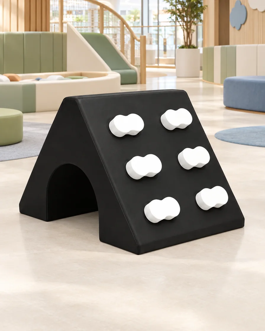 PlayCurator Triangle Soft Play Tunnel — Black & White 1 Black & White triangle Soft Play Tunnel in a mall play zone indoor playground