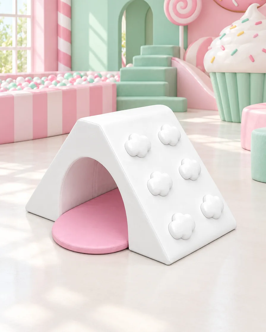 PlayCurator Triangle Soft Play Tunnel — White & Pink 1 White & Pink triangle Soft Play Tunnel in a candy theme indoor playground