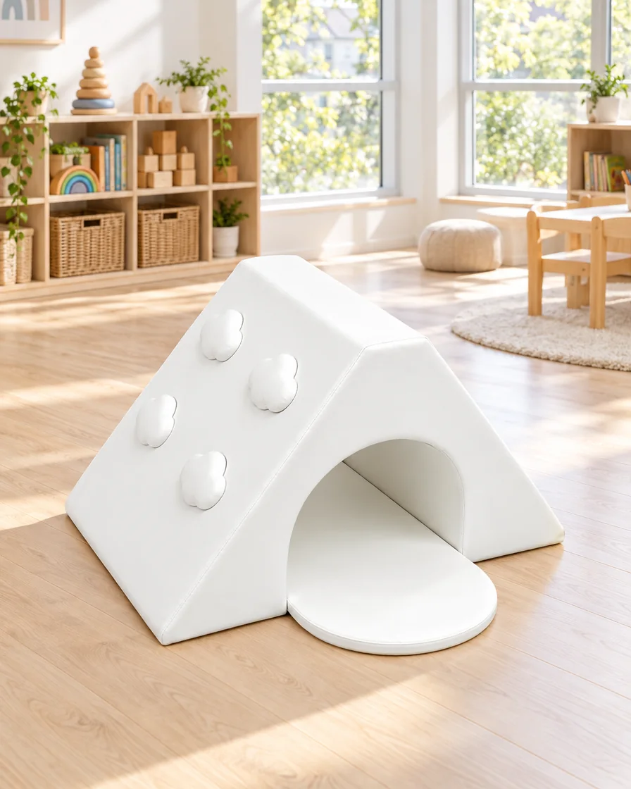 White triangle Soft Play Tunnel in a kindergarten playroom indoor playground