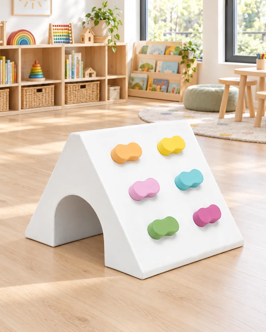 PlayCurator Triangle Soft Play Tunnel — White with Pastel Grips 1 White with Pastel Grips triangle Soft Play Tunnel in a kindergarten playroom indoor playground