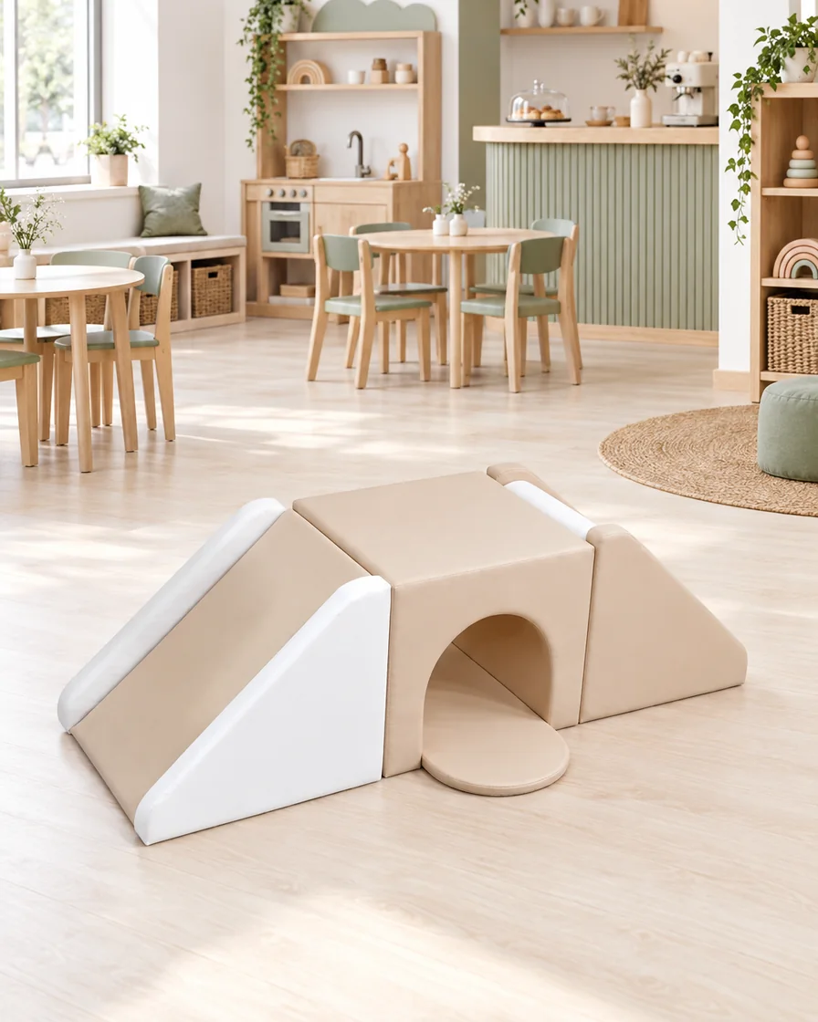 Beige & White tunnel Bridge Soft Play Climber in a Scandinavian soft play cafe indoor playground