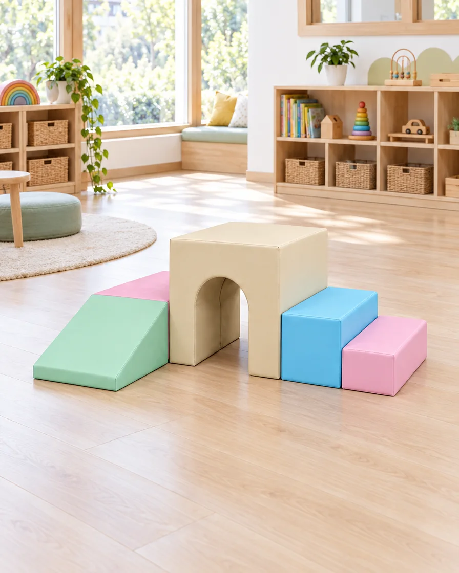 PlayCurator Tunnel Bridge Soft Play Climber — Pastel 1 Pastel tunnel Bridge Soft Play Climber in a kindergarten playroom indoor playground