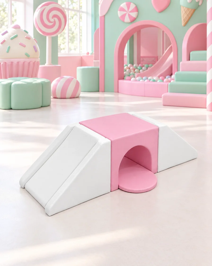PlayCurator Tunnel Bridge Soft Play Climber — Pink & White 1 Pink & White tunnel Bridge Soft Play Climber in a candy theme indoor playground