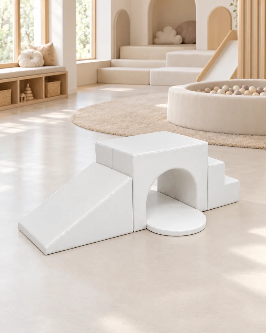 PlayCurator Tunnel Bridge Soft Play Climber — White 1 White tunnel Bridge Soft Play Climber in a soft play center indoor playground