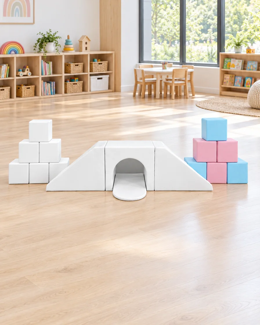 PlayCurator Tunnel Bridge Soft Play Climber with Block Set — White, Pink & Blue 1 White, Pink & Blue tunnel Bridge Soft Play Climber with Block Set in a kindergarten playroom indoor playground