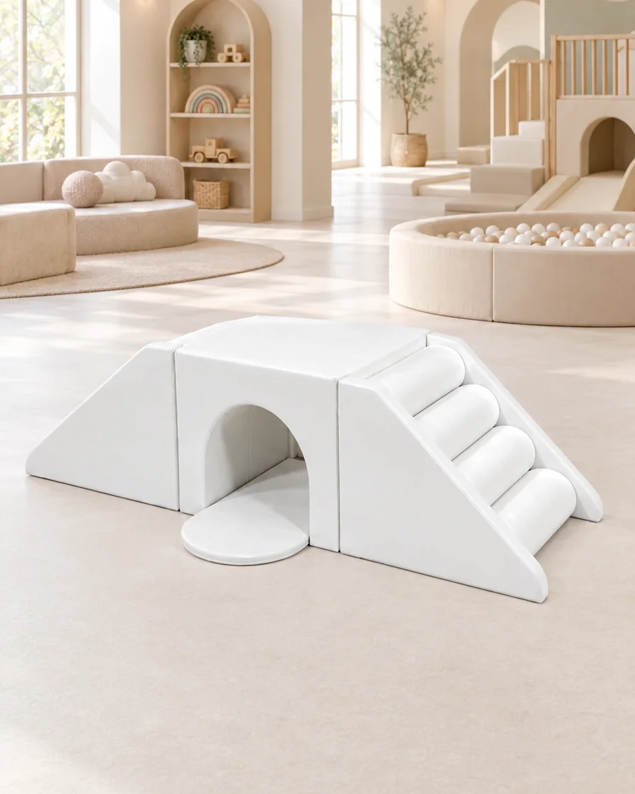 PlayCurator Tunnel Bridge Soft Play Climber with Roller Steps — White 1 White tunnel Bridge Soft Play Climber with Roller Steps in a soft play center indoor playground