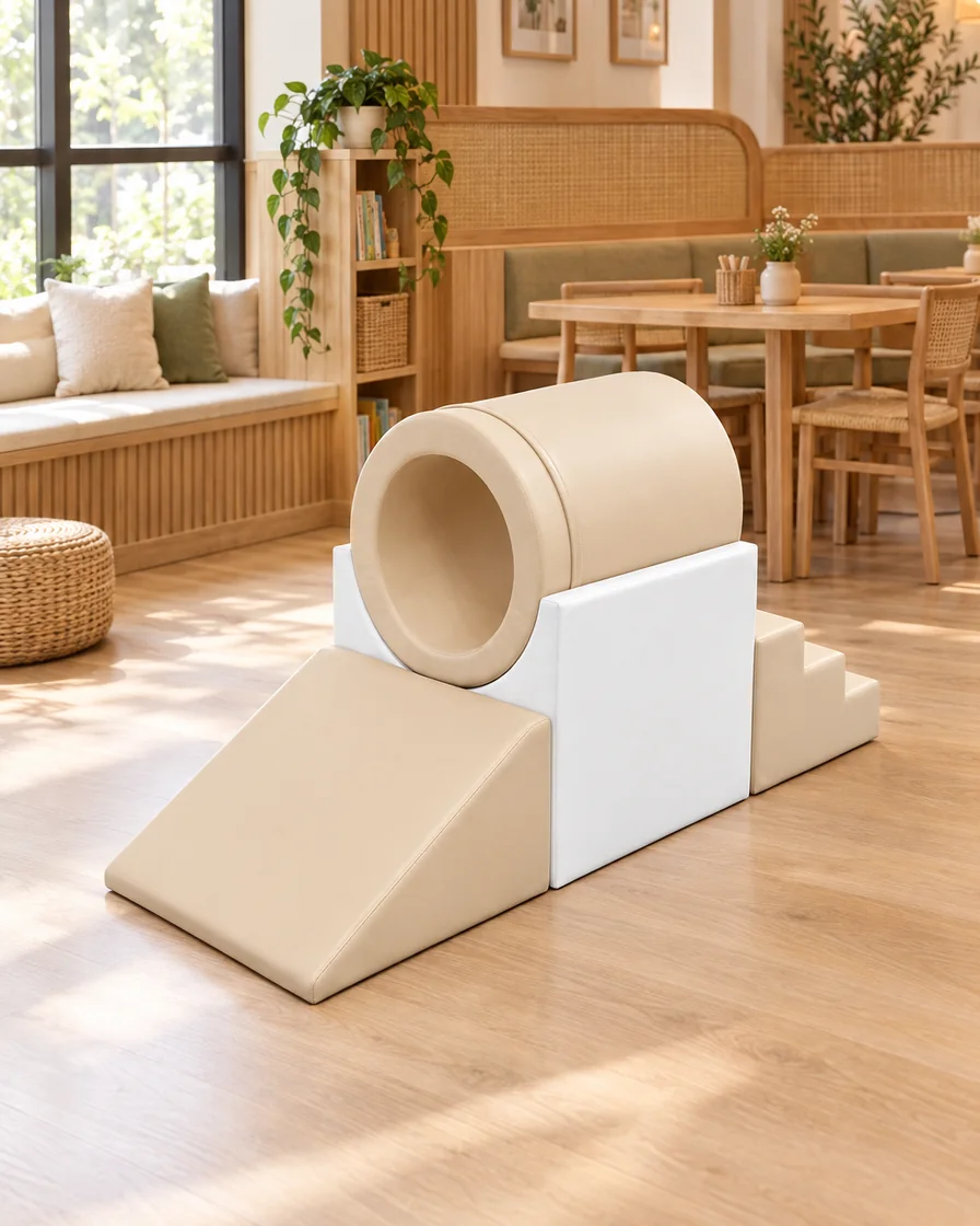 PlayCurator Tunnel Soft Play Climber — Beige 1 Beige tunnel Soft Play Climber in a restaurant kids corner indoor playground
