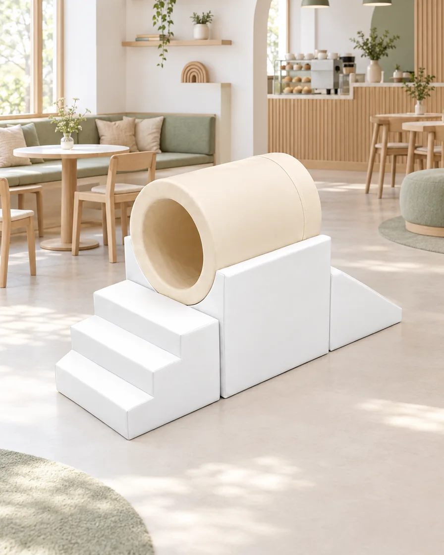 PlayCurator Tunnel Soft Play Climber — Beige & White 1 Beige & White tunnel Soft Play Climber in a Scandinavian soft play cafe indoor playground