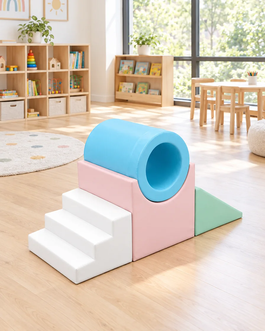 PlayCurator Tunnel Soft Play Climber — Pastel 1 Pastel tunnel Soft Play Climber in a kindergarten playroom indoor playground