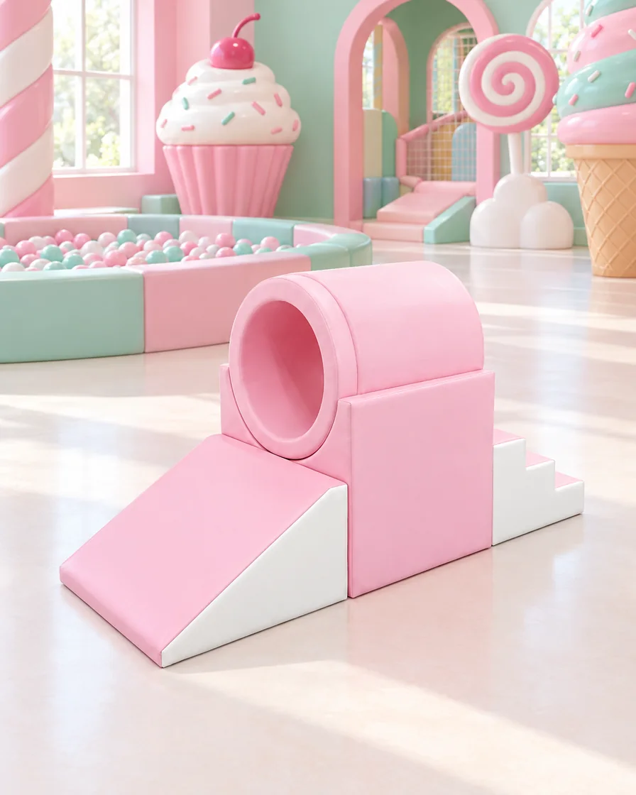 PlayCurator Tunnel Soft Play Climber — Pink 1 Pink tunnel Soft Play Climber in a candy theme indoor playground
