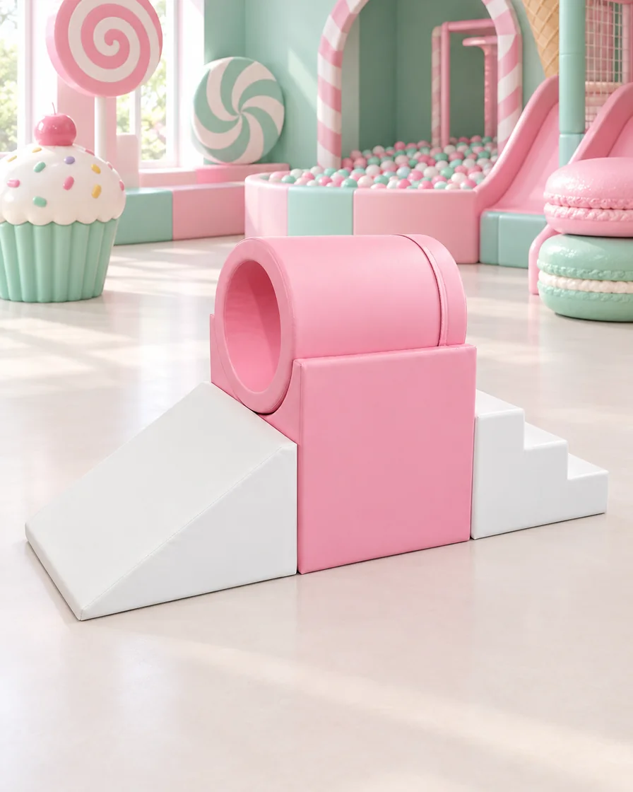 PlayCurator Tunnel Soft Play Climber — Pink & White 1 Pink & White tunnel Soft Play Climber in a candy theme indoor playground
