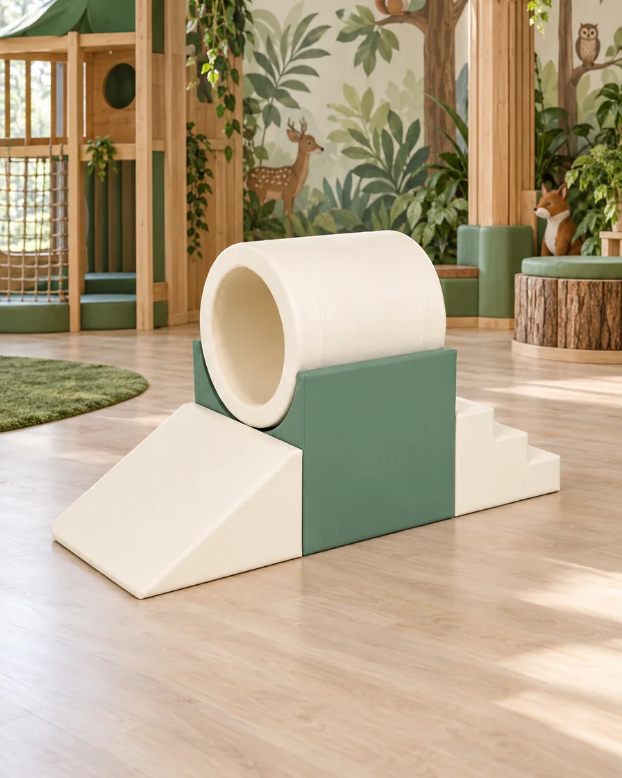 Sage Green & Cream tunnel Soft Play Climber in a jungle theme indoor playground