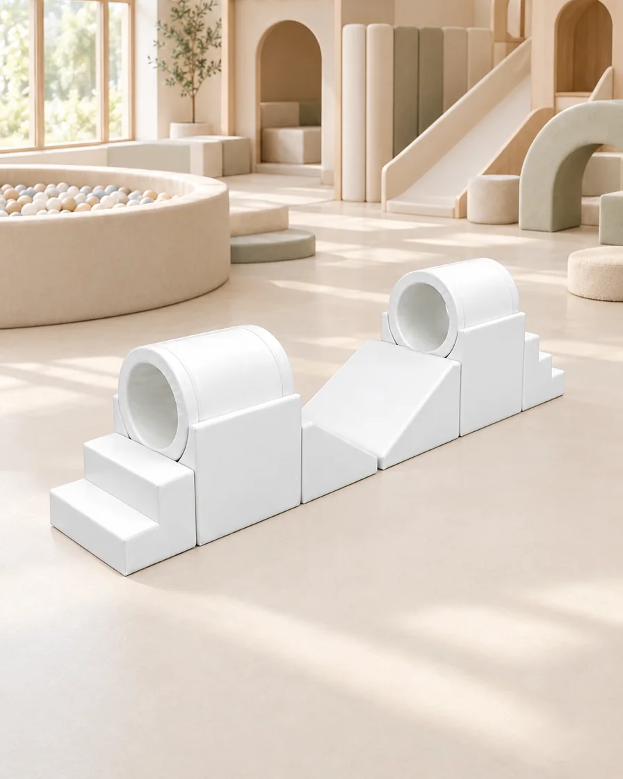 PlayCurator Twin Tunnel Soft Play Climber — White 1 White twin Tunnel Soft Play Climber in a soft play center indoor playground