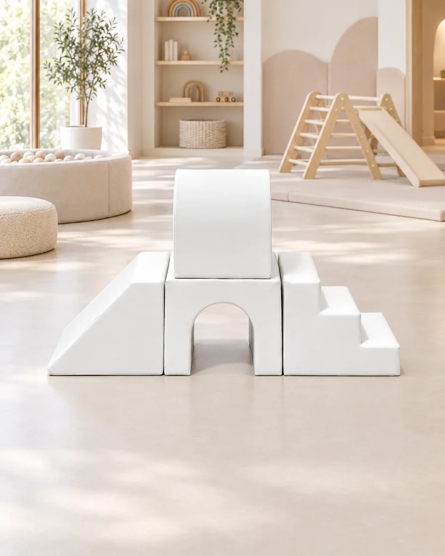 PlayCurator Two-Level Arch Tunnel Soft Play Climber — White 1 White two-Level Arch Tunnel Soft Play Climber in a soft play center indoor playground