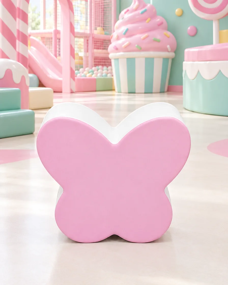 PlayCurator Two-Tone Butterfly Soft Play Stool — Pink, Lilac & White 1 Pink, Lilac & White two-Tone Butterfly Soft Play Stool in a candy theme indoor playground