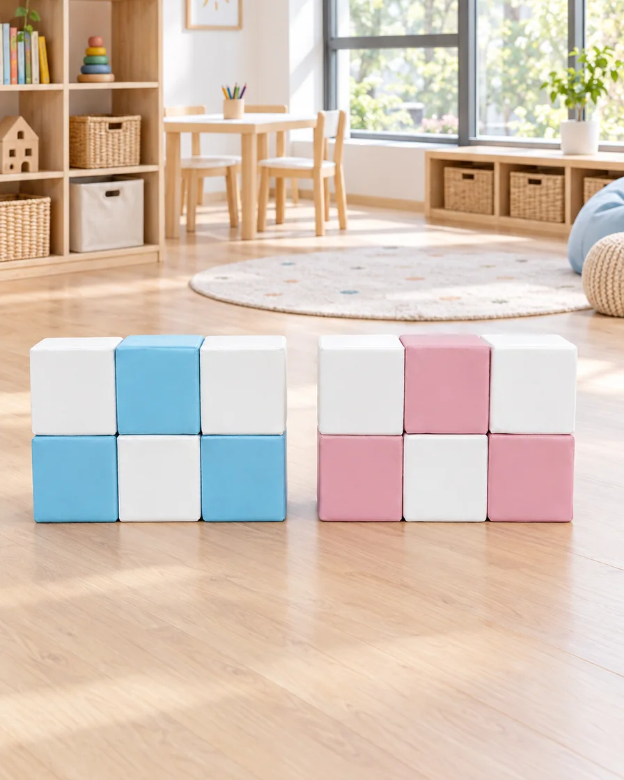 Dusty Pink & Blue two-Tone Soft Play Cube Set in a kindergarten playroom indoor playground