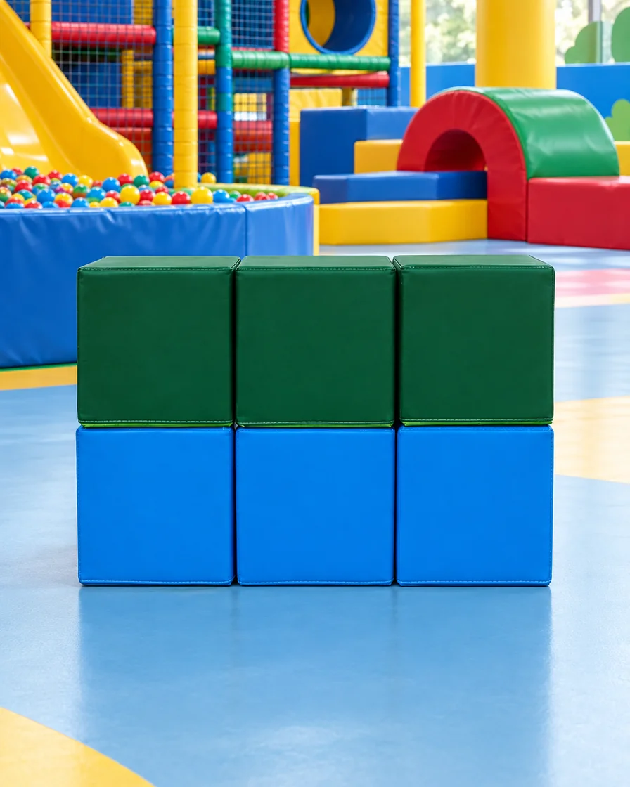 PlayCurator Two-Tone Soft Play Cube Set — Green & Blue 1 Green & Blue two-Tone Soft Play Cube Set in a family entertainment center indoor playground