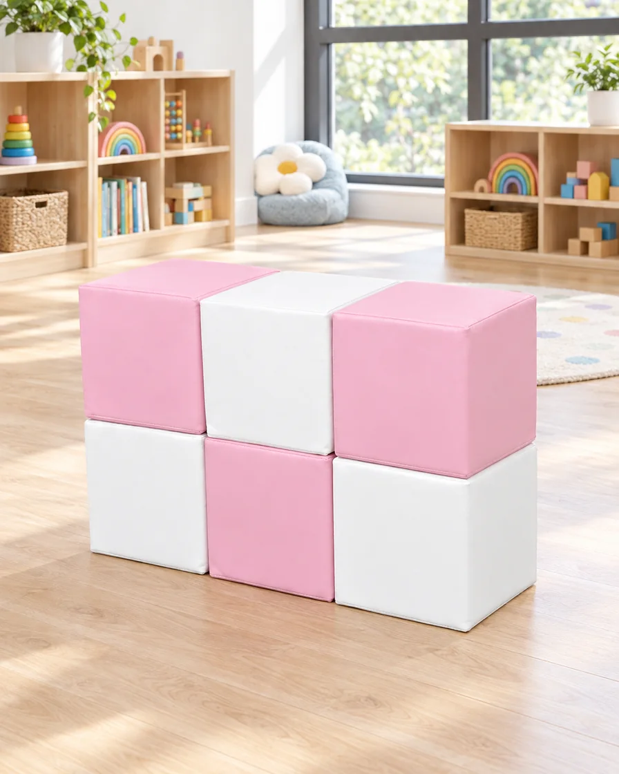 PlayCurator Two-Tone Soft Play Cube Set — Light Pink & Sky Blue 1 Light Pink & Sky Blue two-Tone Soft Play Cube Set in a kindergarten playroom indoor playground