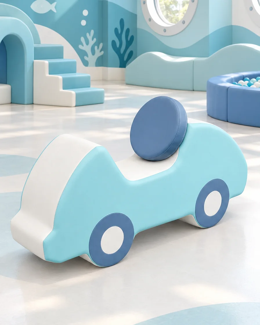 PlayCurator Two-Tone Soft Play Foam Car — Aqua & Blue 1 Aqua & Blue two-Tone Soft Play Foam Car in a ocean theme indoor playground