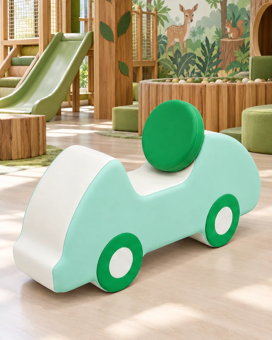 Mint & Green two-Tone Soft Play Foam Car in a jungle theme indoor playground