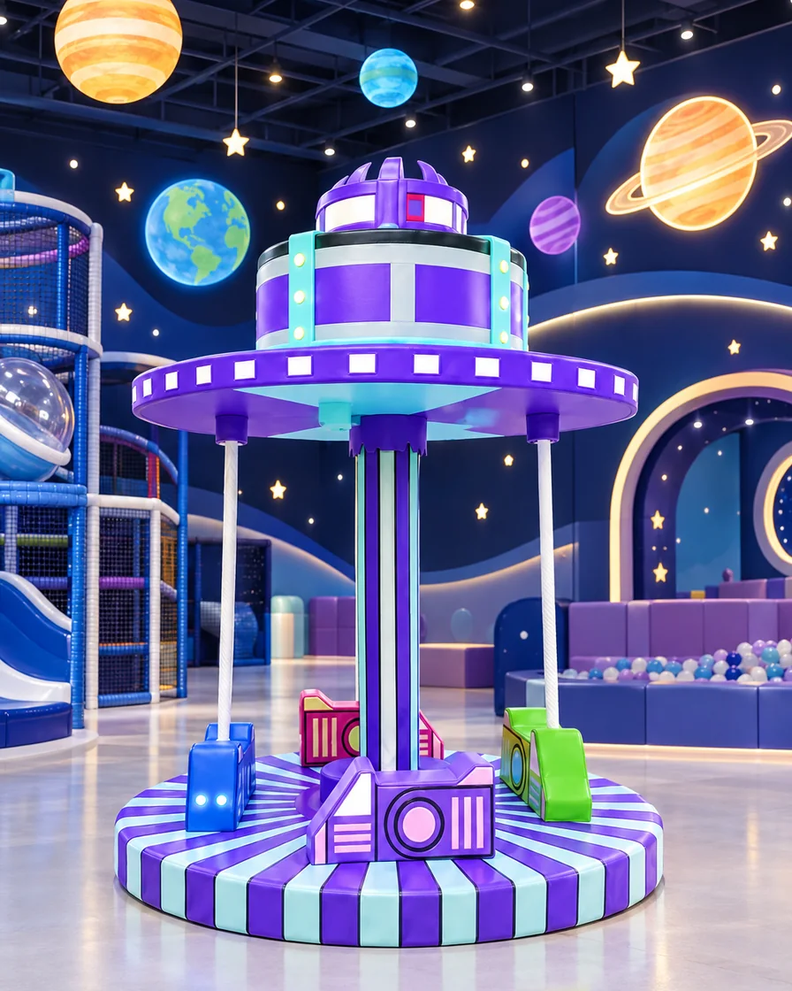 PlayCurator UFO Soft Play Carousel — Purple 1 Purple uFO Soft Play Carousel in a space theme indoor playground
