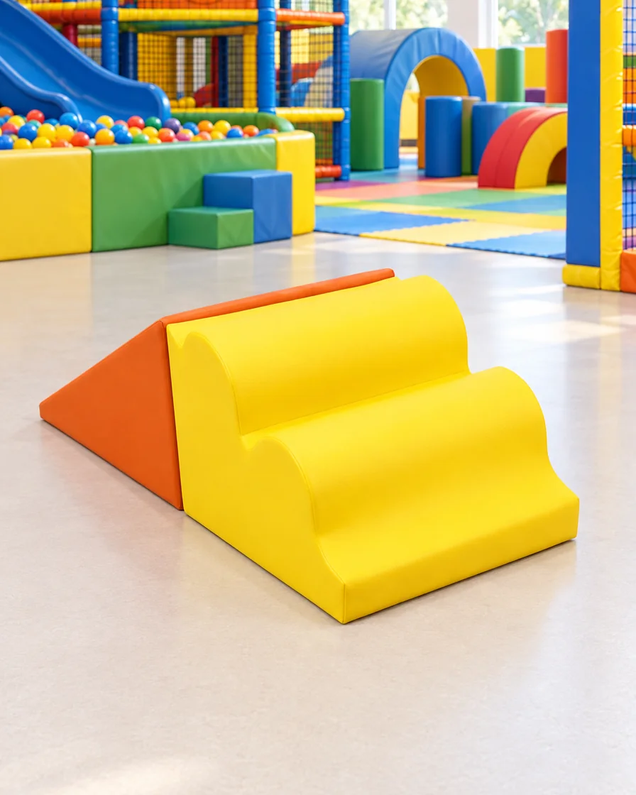 PlayCurator Wave Step & Ramp Soft Play Climber — Yellow & Sage 1 Yellow & Sage wave Step & Ramp Soft Play Climber in a family entertainment center indoor playground