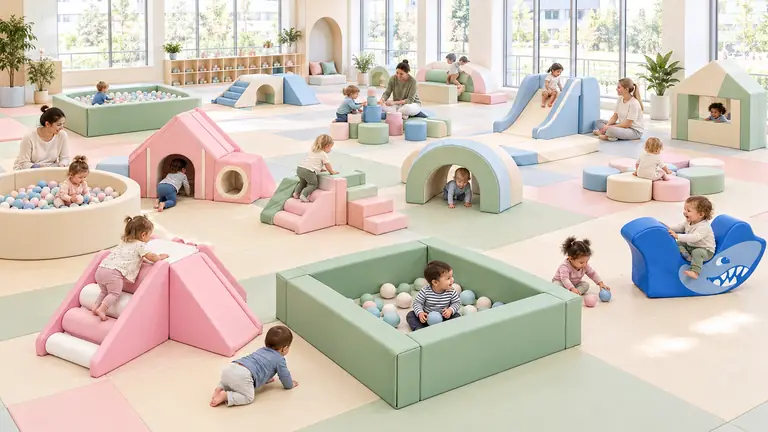Large daycare soft play hall with shallow ball pools, low climbers and toddlers playing